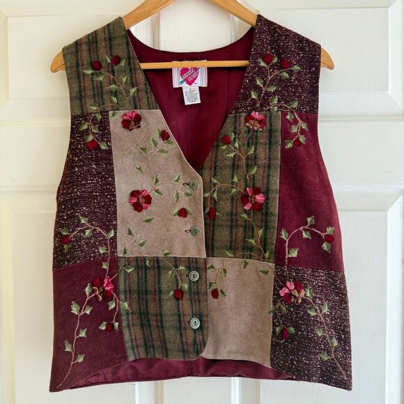 Keren Hart Vintage Suede Leather Wool Floral Plaid Patchwork Vest Burgundy Small - Picture 1 of 7